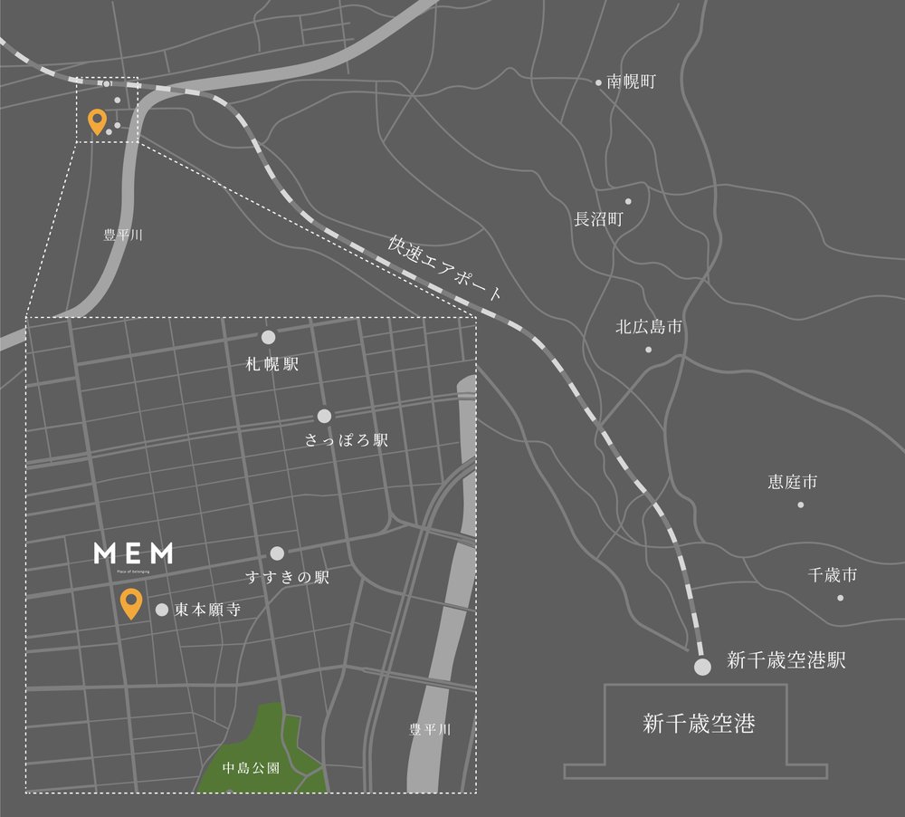 MEM SAPPORO の位置図。札幌駅・すすきの駅・東本願寺・中島公園・新千歳空港との位置関係