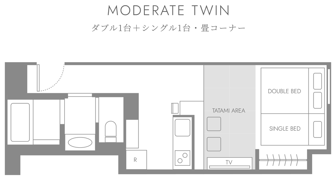 MODERATE TWIN の間取り図。ダブルベッド1台とシングルベッド1台、畳コーナー、対面キッチン、バスルーム