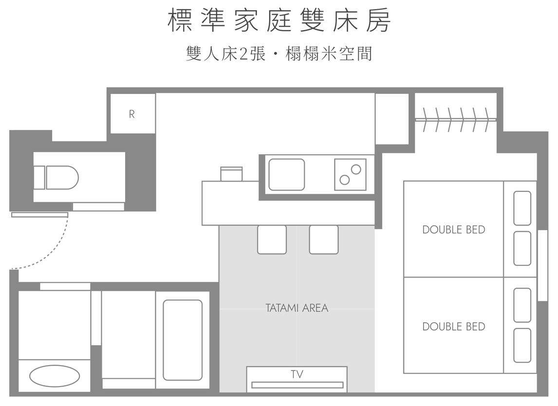 STANDARD FAMILY TWIN 平面圖。雙人床2張、榻榻米區、開放式廚房、浴室