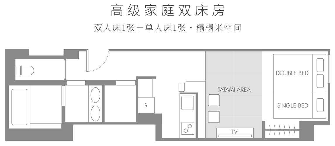 SUPERIOR FAMILY TWIN 平面图。双人床1张与单人床1张、榻榻米区、开放式厨房、浴室