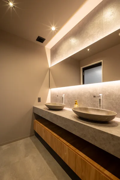 A powder room with two basins side by side